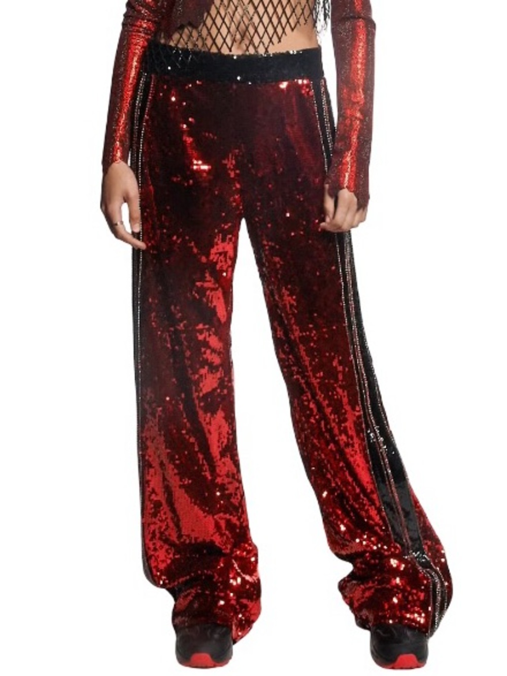 NEW BALMAIN RED SEQUIN HIGH-WAISTED WIDE LEG PANTS